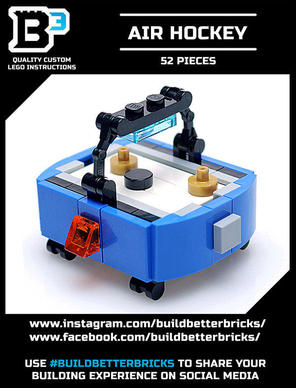 Custom Air Hockey Table 52-Piece Building Set made from LEGO parts - B3 Customs shows a detailed blue and white LEGO air hockey table with black handles and brown paddles, perfect for LEGO minifigures.