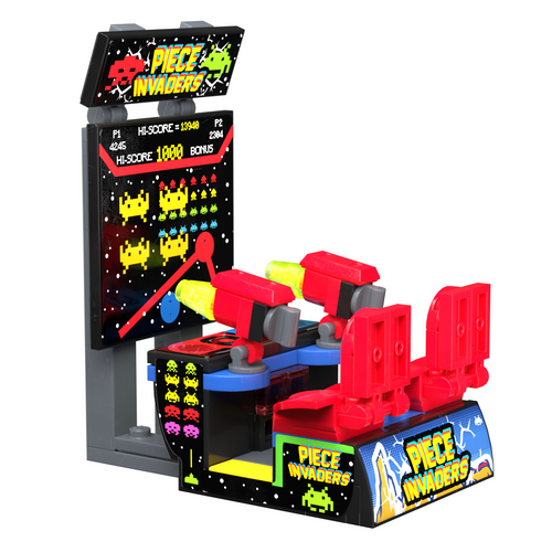 Big Screen Piece Invaders Arcade made using LEGO parts - B3 Customs features a custom LEGO arcade machine with red seats and dual red and yellow gun controllers, designed for LEGO minifigures.