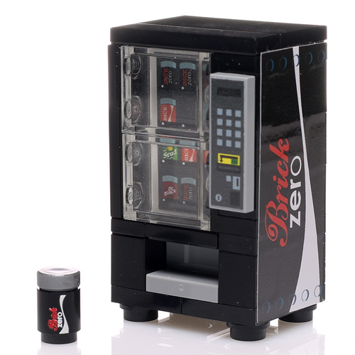 Black soda vending machine model built with LEGO bricks featuring a custom printed soda can, showcasing the Brick Zero Soda Vending Machine made using LEGO parts - B3 Customs by vendor B3 Customs.