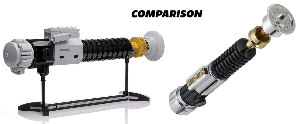 Obi-Wan Lightsaber w/ Stand made with LEGO parts displayed alongside a metal replica for size and detail comparison, highlighting the custom LEGO construction.