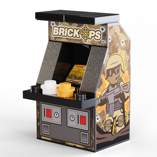 Brick Ops Classic Arcade Machine by B3 Customs, a custom LEGO arcade game with detailed decals and controls, featuring a soldier-themed design and retro style.