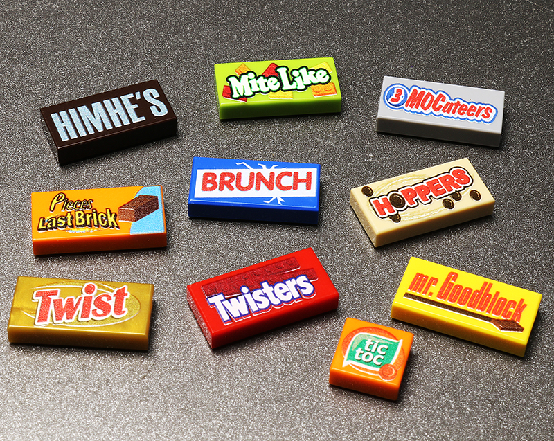 A collection of colorful custom LEGO candy packs with playful names and designs, featuring detailed printed tiles inspired by candy wrappers, Candy Pack (Series 1) made using LEGO parts - B3 Customs.