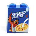 Blue custom printed LEGO brick featuring a Frosted Plates Cereal design with a tiger mascot and bowl of cereal, part of the Frosted Plates Cereal - Custom Printed 1x2x2 Brick by B3 Customs.