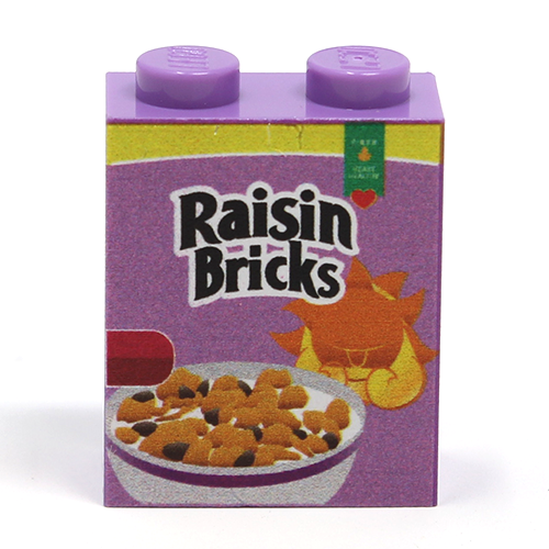 Purple LEGO brick featuring custom printed "Raisin Bricks" cereal box design with a bowl of raisin cereal and an animated sun on the side, Raisin Bricks Cereal 1x2x2 Brick on real LEGO part - B3 Customs.