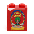 Red custom LEGO brick featuring a colorful "Yucky Charms" cereal design with a cartoon leprechaun over a bowl of cereal, Yucky Charms Cereal Custom Printed 1x2x2 Brick made using LEGO parts - B3 Customs by B3 Customs.