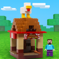 A colorful LEGO brick model of Steve's Lava Chicken Food Stand by B3 Customs, featuring a large chicken on top, a tiny drumstick, and a minifigure standing beside it.
