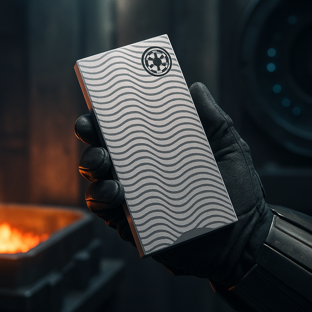 A gloved hand holds a sleek silver Life-Size Beskar Tile / Cosplay with wavy patterns and an empire emblem, crafted by B3 Customs for detailed cosplay displays.