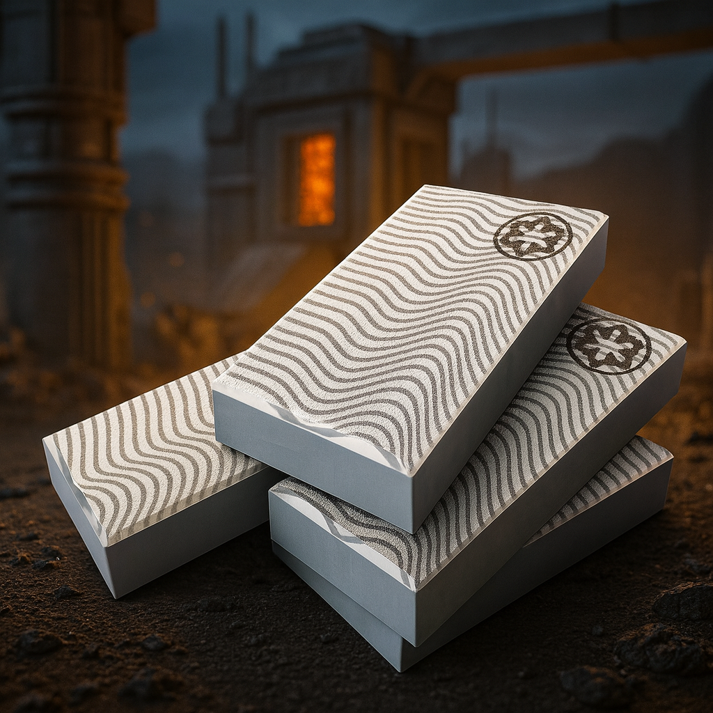 Three silver life-size 1x2 tiles stacked on a dark surface with detailed wavy engravings and an Imperial emblem, designed by B3 Customs for Life-Size Beskar Tile / Cosplay.