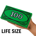 Hand holding a 3D printed Life-Size $100 Dollar Tile / Cosplay by B3 Customs, designed as a large green brick moc resembling a $100 bill with bold black and white detailing.