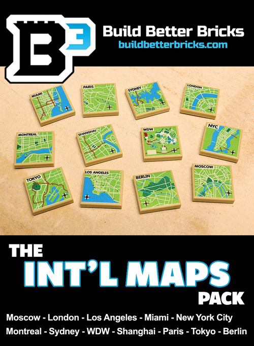 Display featuring the B3 Customs® International Maps Pack with miniature map tiles of major cities including Miami, Paris, Sydney, London, Montreal, Shanghai, WDW, New York City, Tokyo, Los Angeles, Berlin, and Moscow.