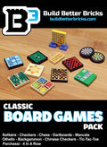 Classic Board Games Pack made using LEGO parts - B3 Customs featuring miniature LEGO versions of solitaire, checkers, chess, dartboards, mancala, othello, backgammon, Chinese checkers, tic-tac-toe, parcheesi, and 4 in a row on a wooden surface.