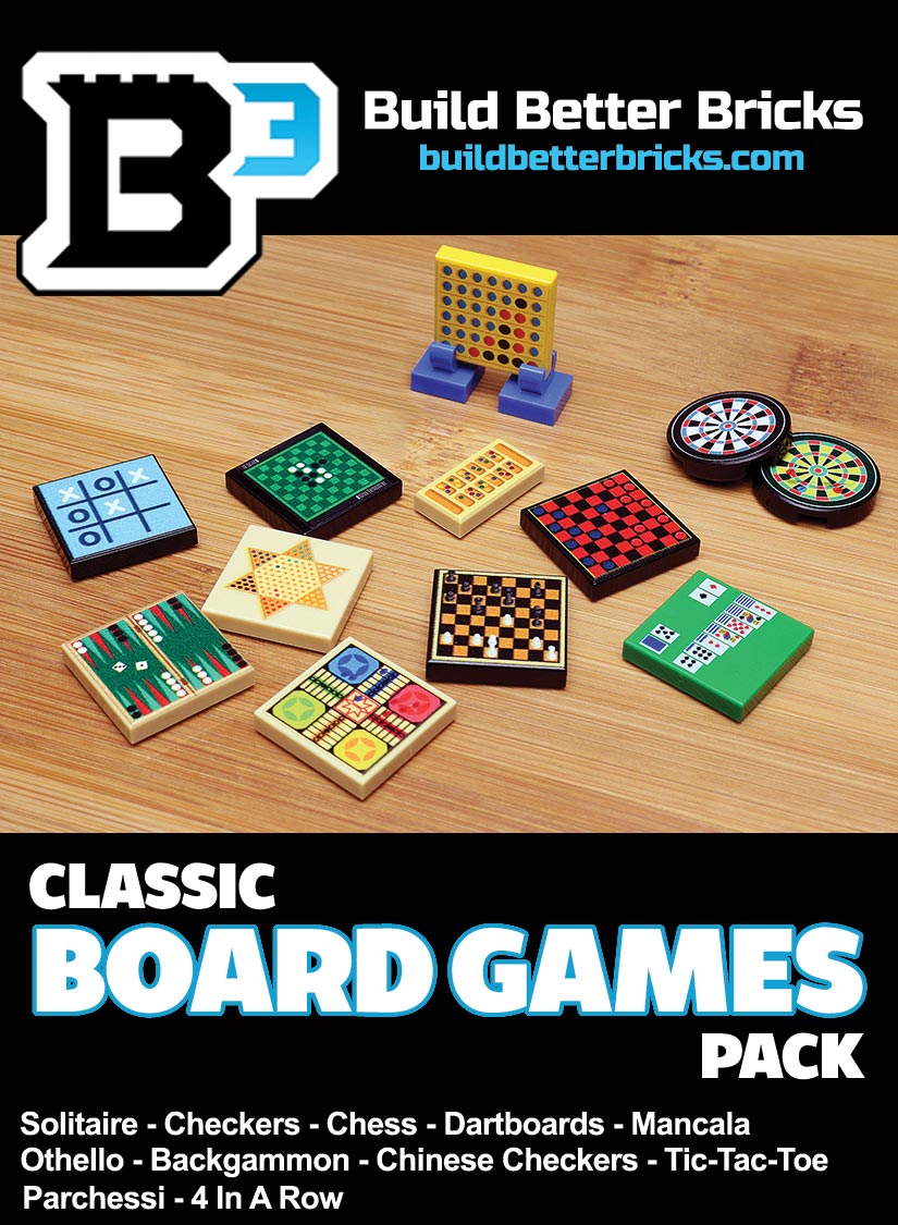Classic Board Games Pack made using LEGO parts - B3 Customs featuring miniature LEGO versions of solitaire, checkers, chess, dartboards, mancala, othello, backgammon, Chinese checkers, tic-tac-toe, parcheesi, and 4 in a row on a wooden surface.