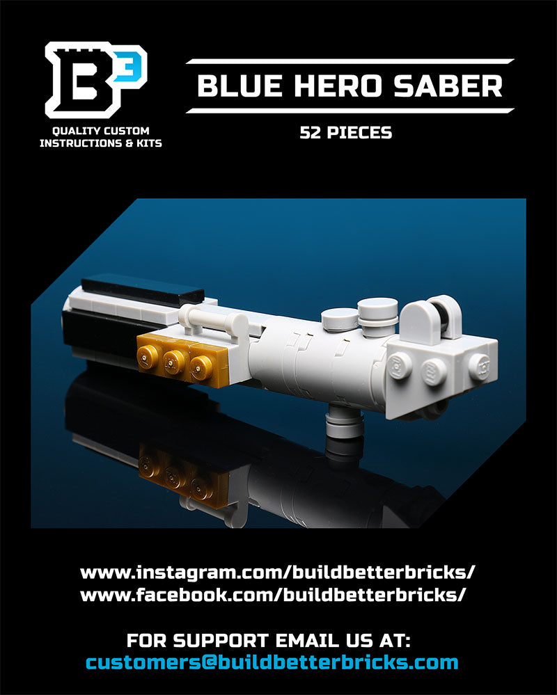 Luke's Blue Lightsaber Building Kit made using LEGO parts - B3 Customs features a detailed blue hero saber model built from 52 custom LEGO pieces with a sleek, futuristic design.