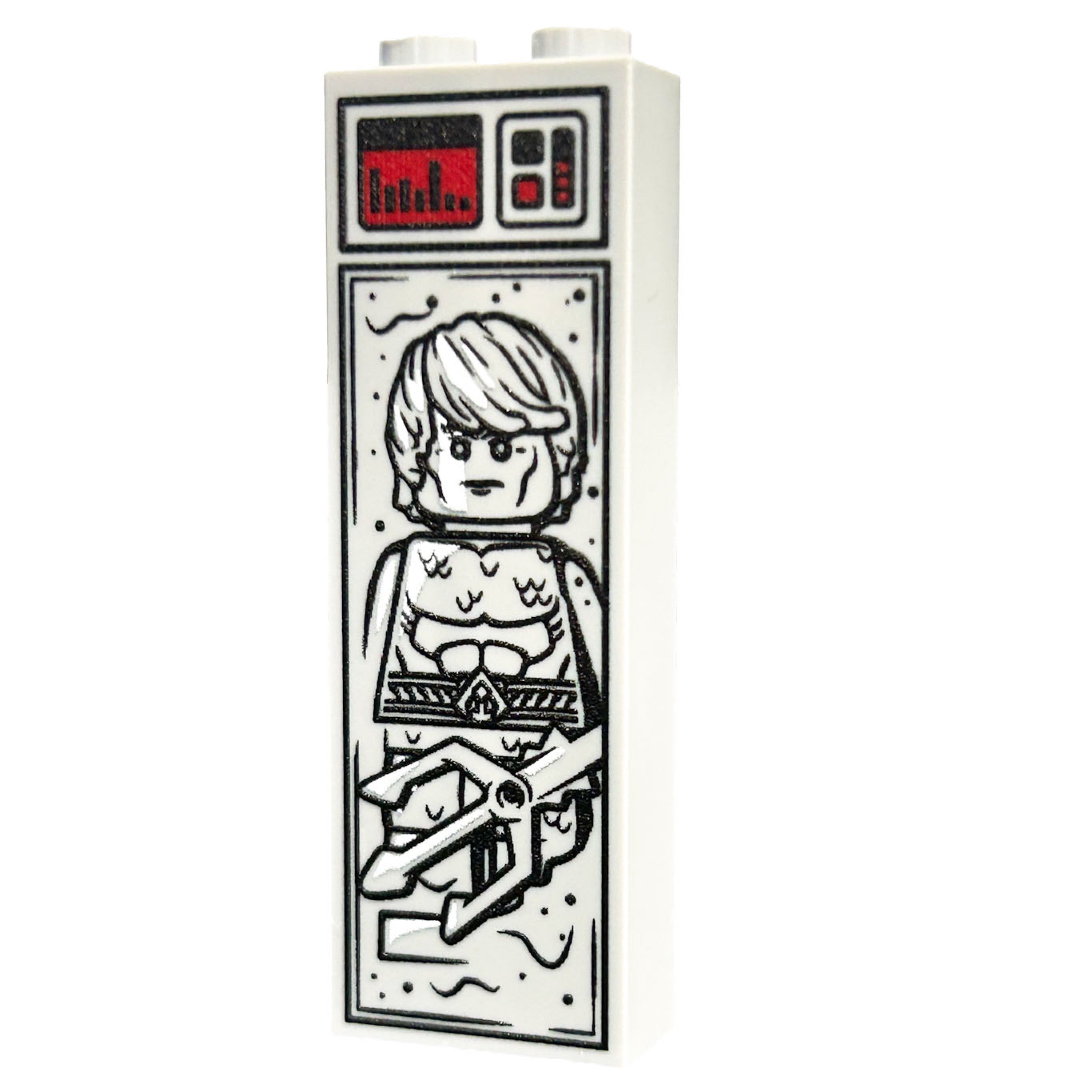 White rectangular brick featuring a custom printed design of the Ocean King figure encased in carbonite with detailed control panel accents, titled Ocean King in Carbonite (1x2x5 Brick).
