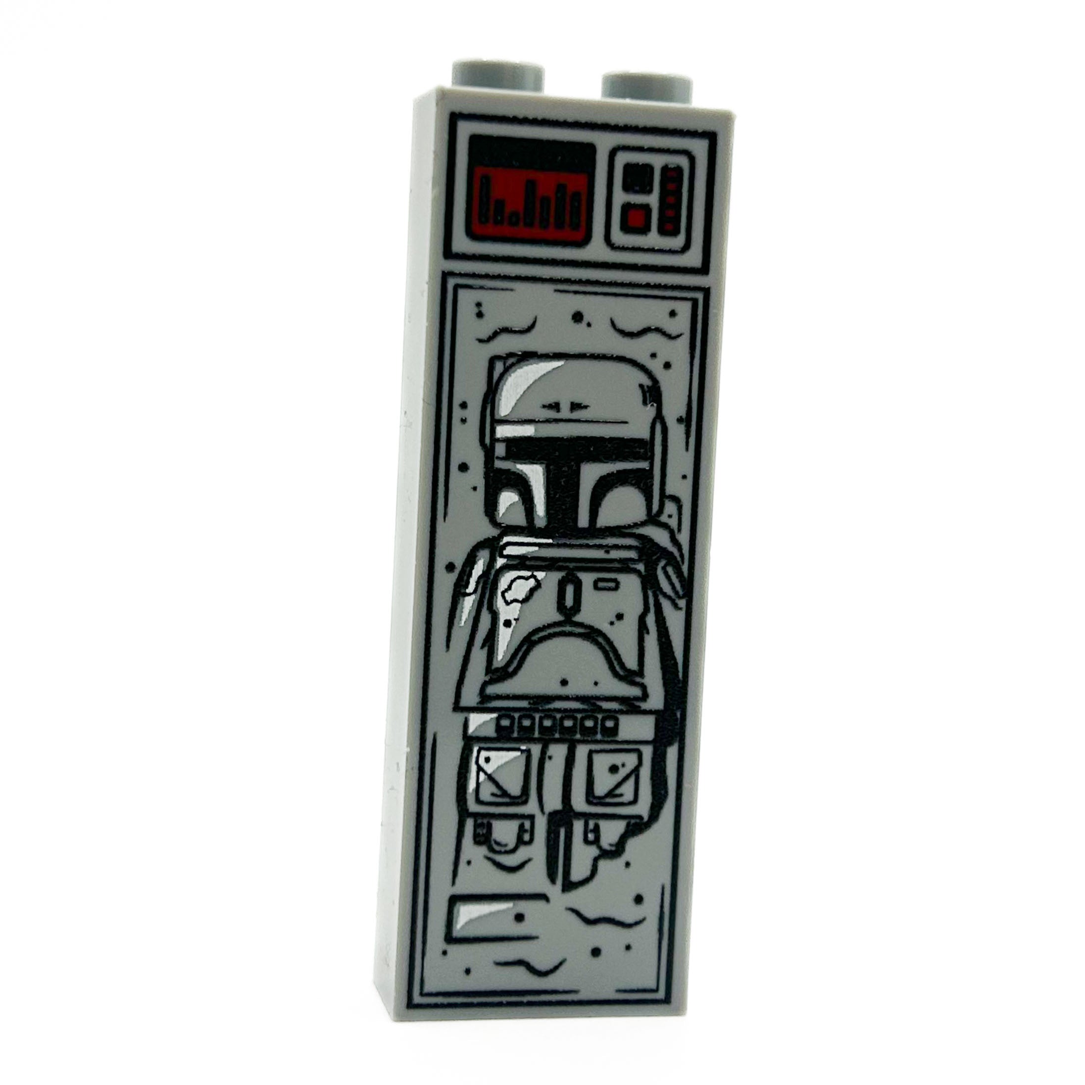 A detailed Cloud City Bounty Hunter in Carbonite (1x2x5 Brick) featuring custom LEGO printing of a bounty hunter encased in carbonite with controls and display panel designs.