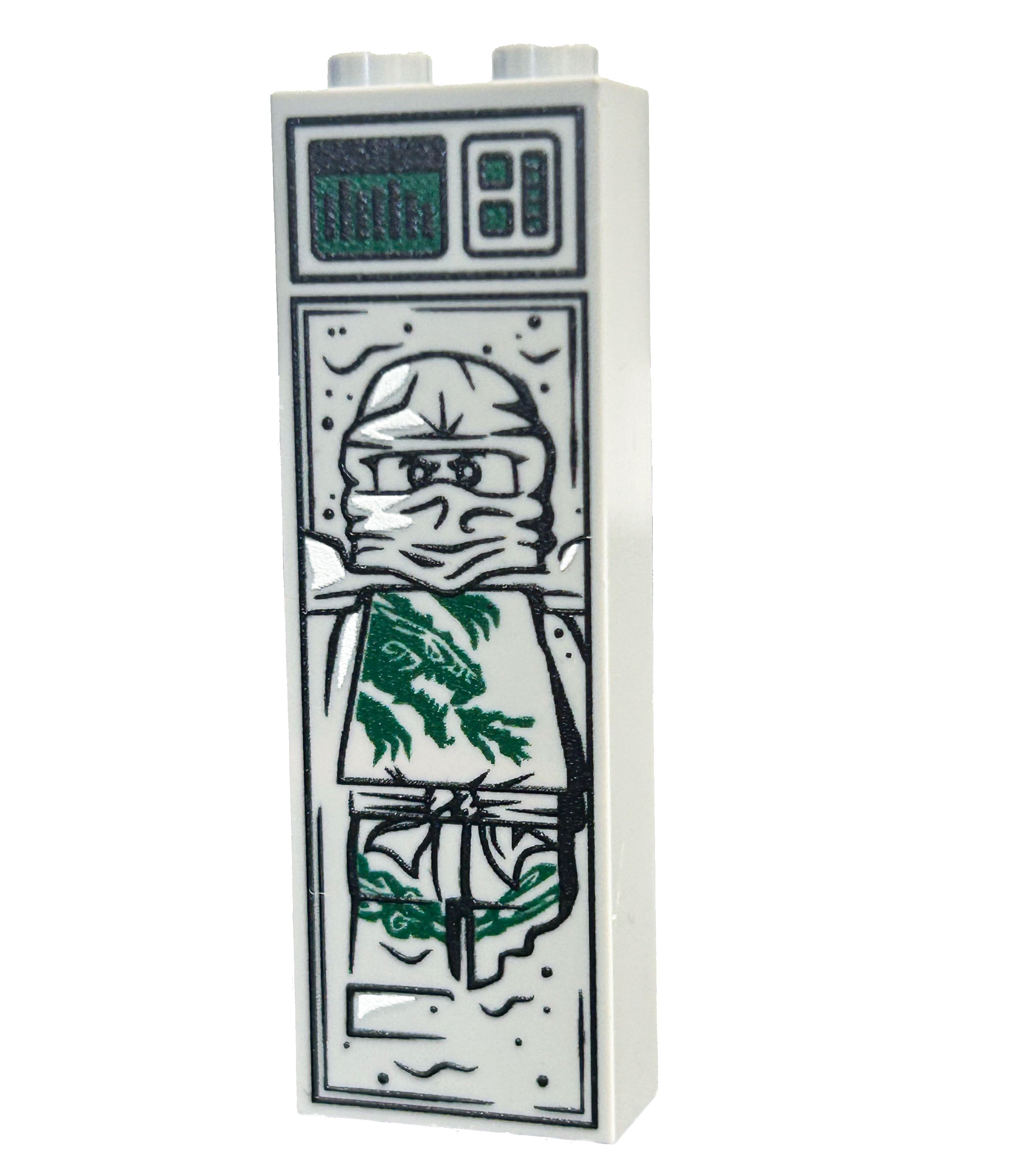 White rectangular Green Ninja in Carbonite (1x2x5 Brick) with detailed black and green printed design showing a ninja figure encased in a carbonite-style block.