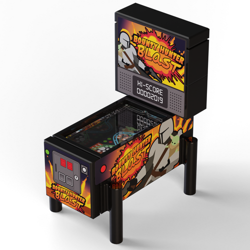 Bounty Hunter Blast Pinball Arcade Machine Building Set by B3 Customs, featuring a custom LEGO pinball machine themed around a lone armored bounty hunter with vibrant, detailed side art.
