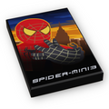 Spider-Fig 3 Movie Cover (2x3 Tile) made using LEGO parts featuring a stylized Spider-Man character in red and black suit with a city skyline background at sunset.