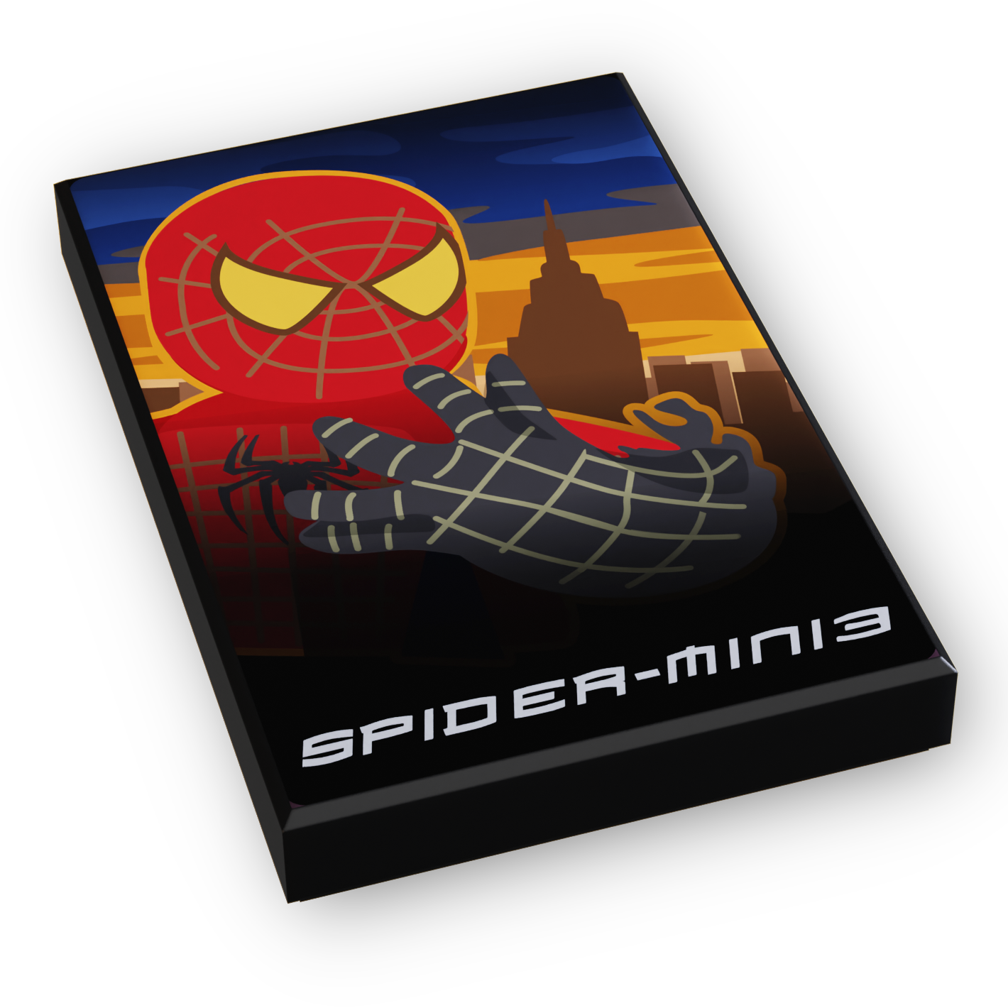 Spider-Fig 3 Movie Cover (2x3 Tile) made using LEGO parts featuring a stylized Spider-Man character in red and black suit with a city skyline background at sunset.