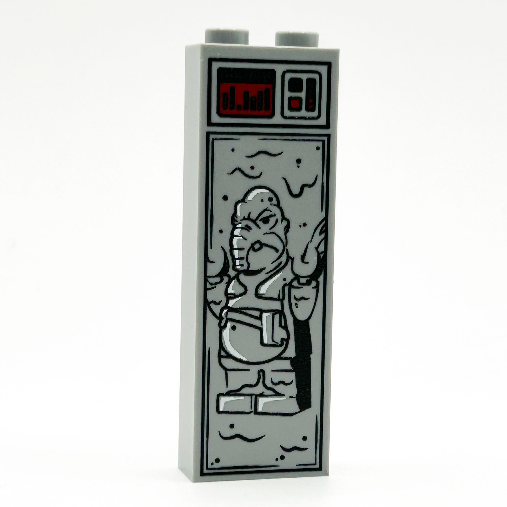 Gray LEGO brick featuring a detailed black and red printed design of a Blue Trader figure frozen in carbonite, styled as Blue Trader in Carbonite (1x2x5 Brick).