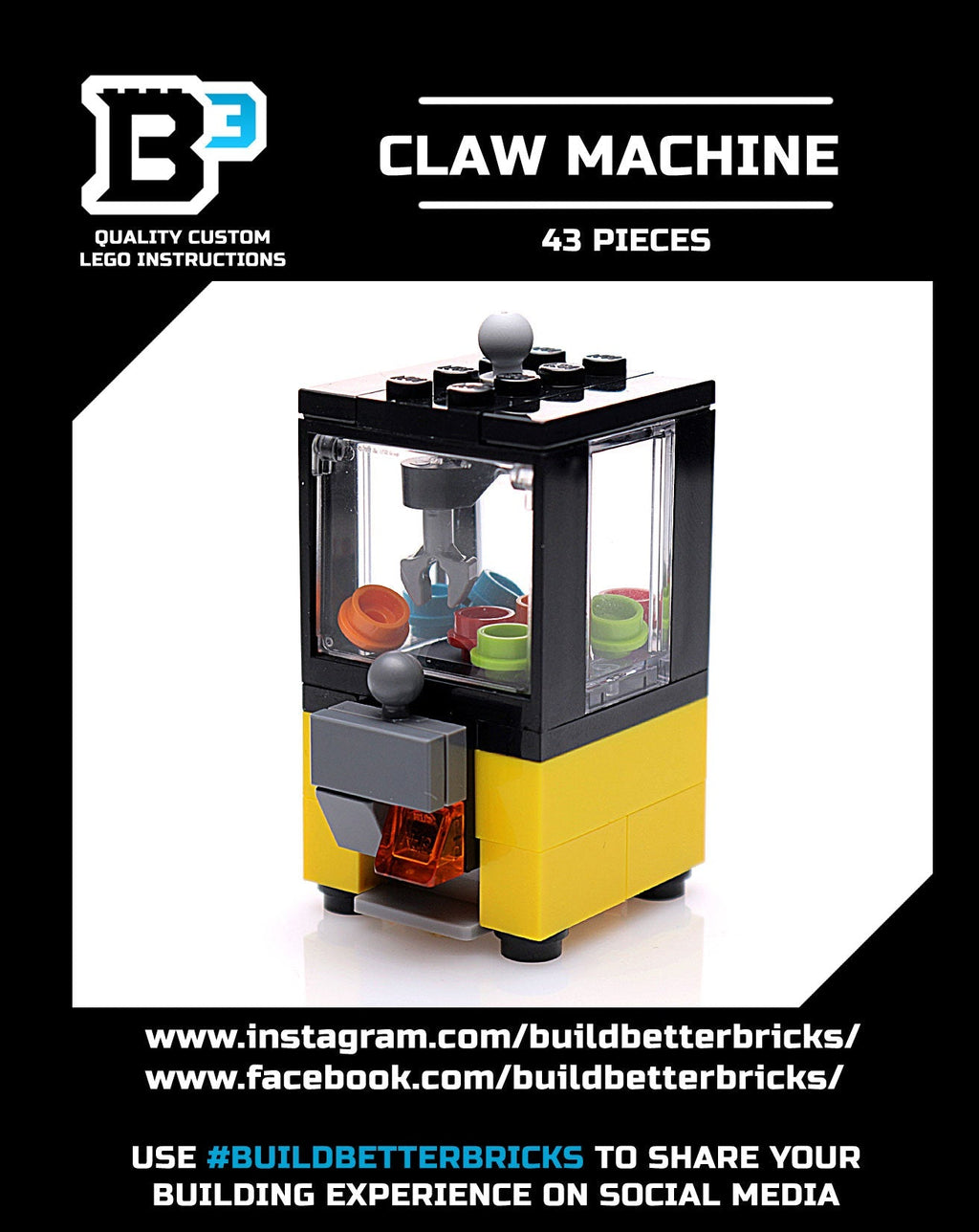 Minifig-Scale Arcade Claw Machine Building Set made from LEGO parts by B3 Customs, featuring a detailed yellow and black claw machine perfect for LEGO minifig-sized arcade displays.