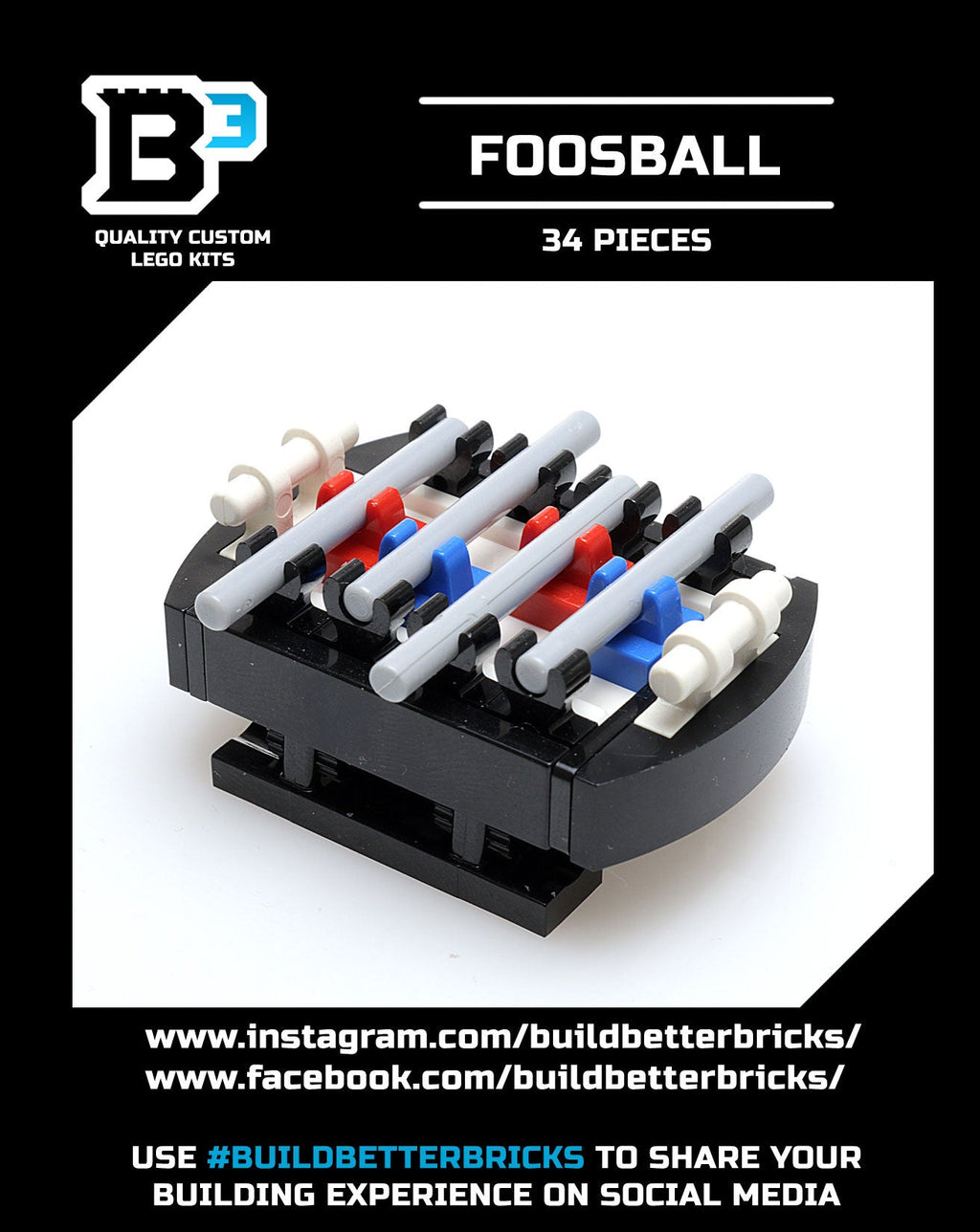 Foosball Table B3 Customs Arcade Building made using LEGO parts, a detailed custom LEGO kit by B3 Customs featuring 34 pieces to create a miniature foosball table model.