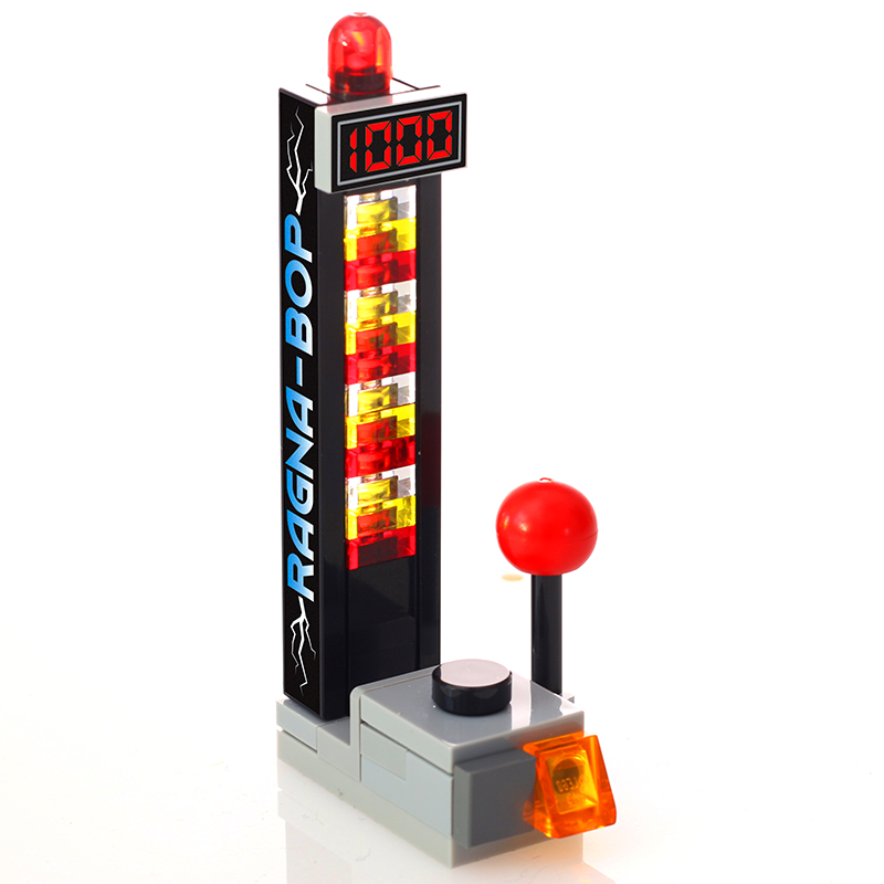 Detailed miniature LEGO strongman amusement park game with colorful lights and a high score display, crafted by B3 Customs, named Ragna-Bop - B3 Customs Strongman Amusement Park Game.