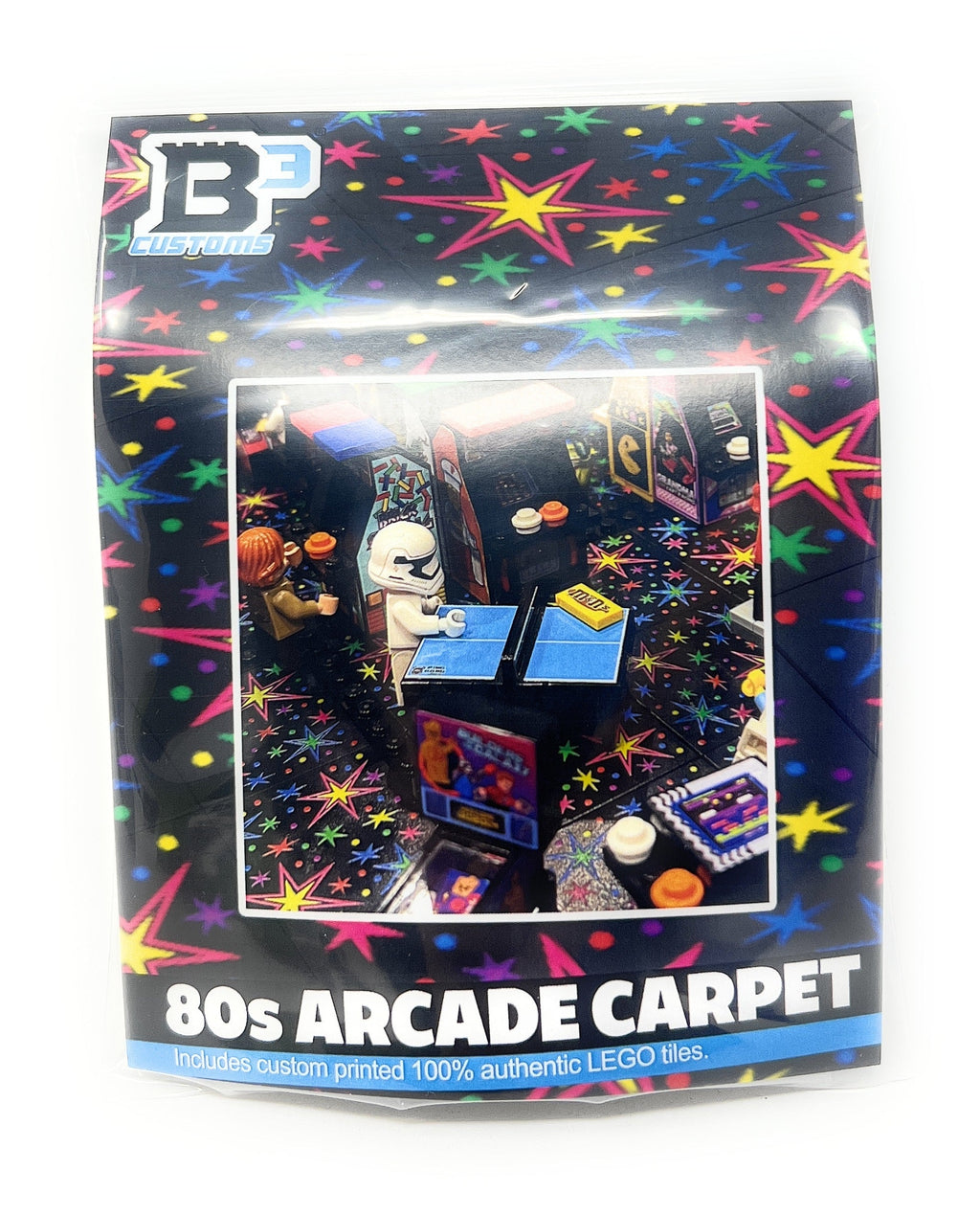 Packaging for 80's Arcade Carpet 6x6 Tiles (Bursts) - (Pack of 10) featuring a colorful starburst pattern and a photo of LEGO arcade game minifigure setup on the carpet tiles.