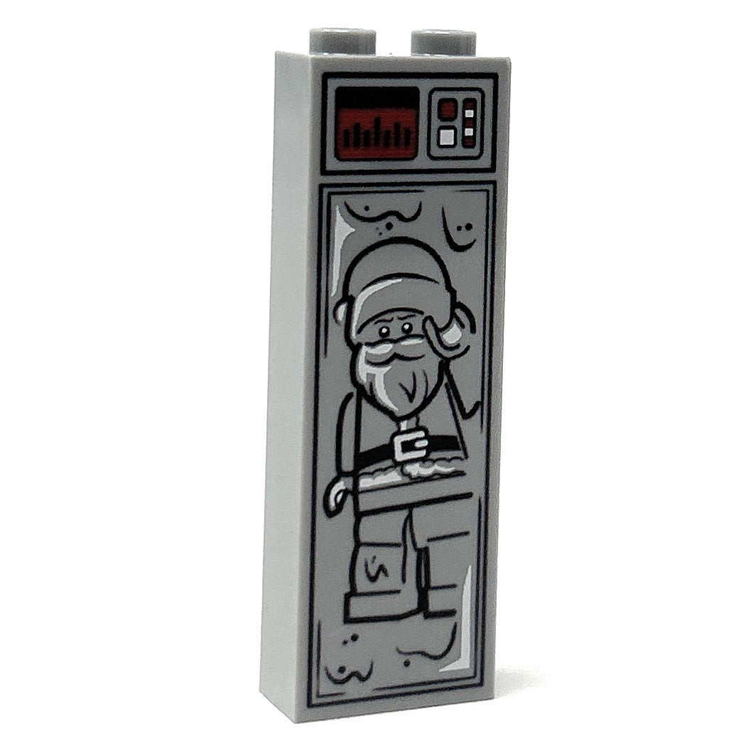 Santa Clause in Carbonite (1x2x5 Brick) made using LEGO part - B3 Customs features a custom gray LEGO brick with detailed print of Santa trapped in carbonite, inspired by iconic pop culture designs.