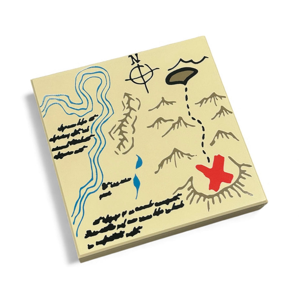 Life-Size Holy Grail, Red X Mountains Treasure Map Tile / Cosplay by B3 Customs featuring a large-scale custom printed map tile with winding blue rivers, dark tan mountains, a red X, and cryptic handwritten script.
