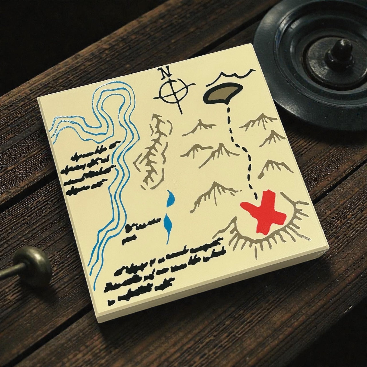 Life-Size Holy Grail, Red X Mountains Treasure Map Tile / Cosplay by B3 Customs showing a detailed hand-drawn map with rivers, mountains, a compass, and a bold red X marking a treasure spot.