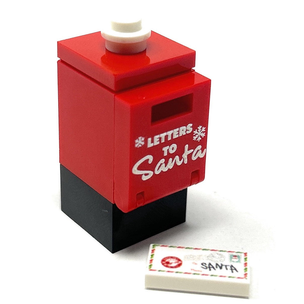Miniature red mailbox and envelope built from LEGO parts, featuring "Letters to Santa" text, designed by B3 Customs in the Letter to Santa Mailbox and Envelope made using LEGO parts - B3 Customs product.