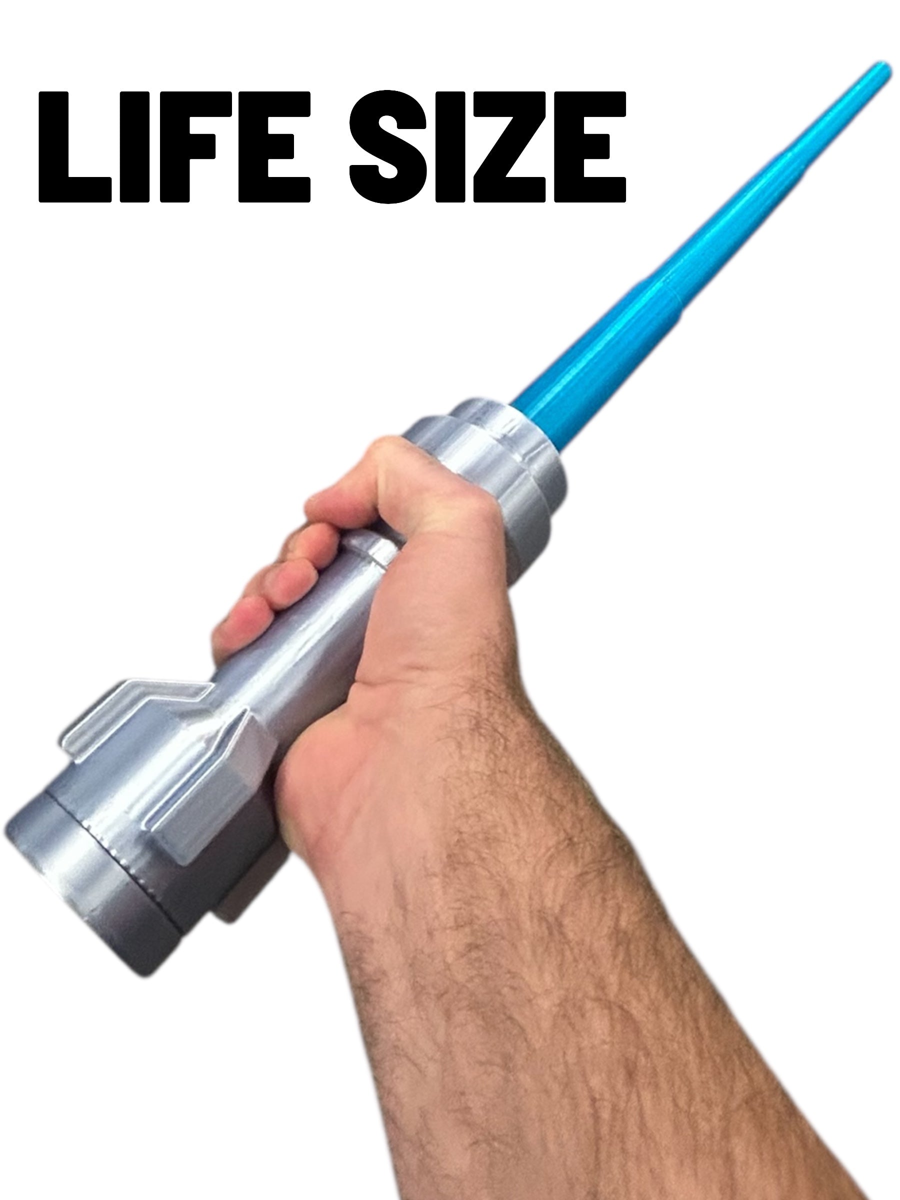Hand holding a Life-Size Blue Saber with Retractable Blue Blade / Cosplay by B3 Customs, featuring a silver brick-style hilt and bright blue blade against a white background with "LIFE SIZE" text.