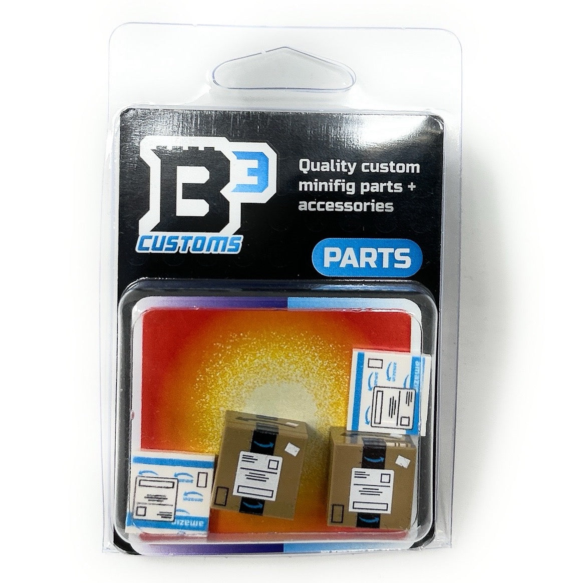 The Amazin Shipping Boxes Pack made with LEGO parts displayed in clear packaging featuring quality custom minifig parts and accessories from B3 Customs.