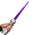 Hand holding a Life-Size Purple Saber with Retractable Purple Blade / Cosplay featuring a silver brick-style hilt, crafted by B3 Customs for authentic cosplay experiences.