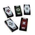 Five custom LEGO pieces designed as cards from the Sabacc game, featuring various printed designs, part of the Sabacc Cards Pack made using LEGO parts - B3 Customs.