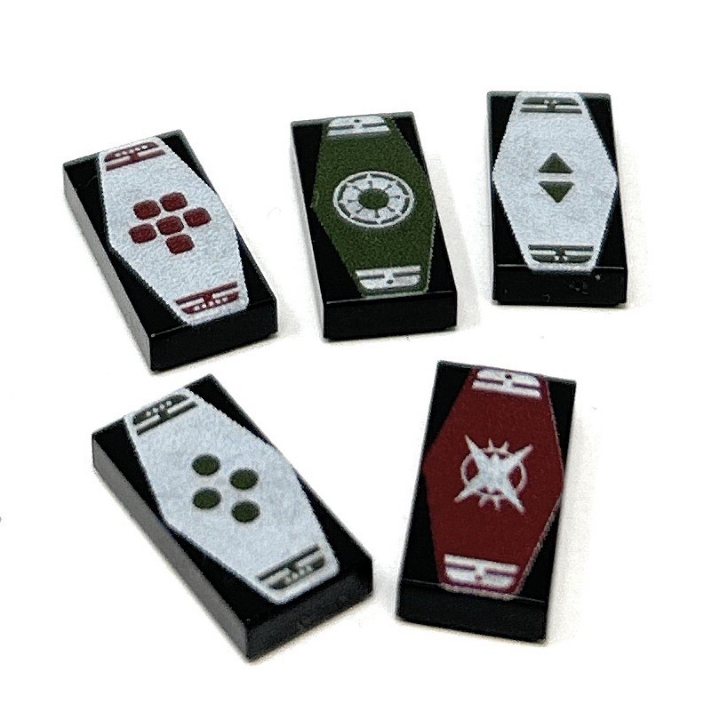 Five custom LEGO pieces designed as cards from the Sabacc game, featuring various printed designs, part of the Sabacc Cards Pack made using LEGO parts - B3 Customs.