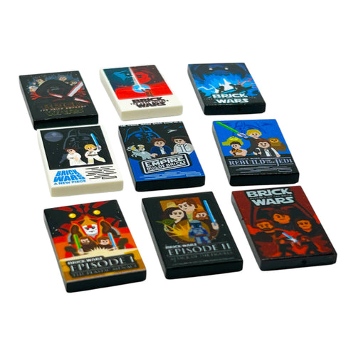 Nine custom printed tiles featuring stylized Brick Wars Movie Part Pack (9 Tiles) designs inspired by iconic space saga characters and scenes in vibrant colors.