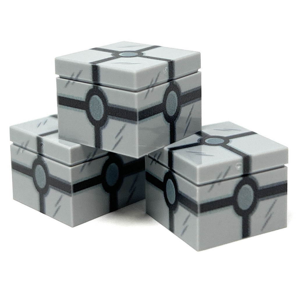 Three gray sci-fi style crates stacked together featuring circular and line patterns, part of the Star Wars / Space Crates Part Pack (3 Crate) made with LEGO parts - B3 Customs.