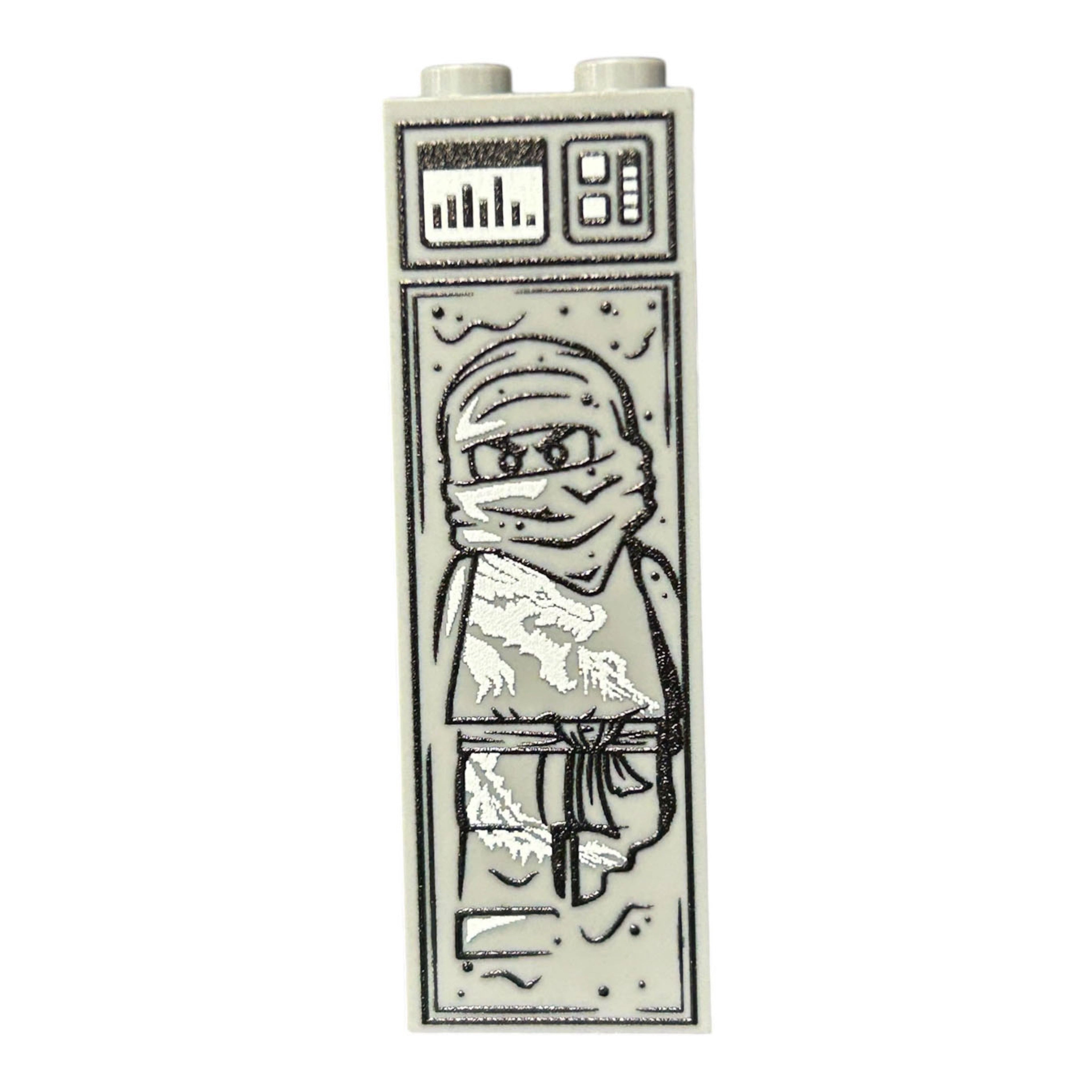 White Ninja in Carbonite (1x2x5 Brick) featuring a detailed monochrome print of a ninja figure trapped in carbonite, resembling a custom minifigure design with control panel graphics.