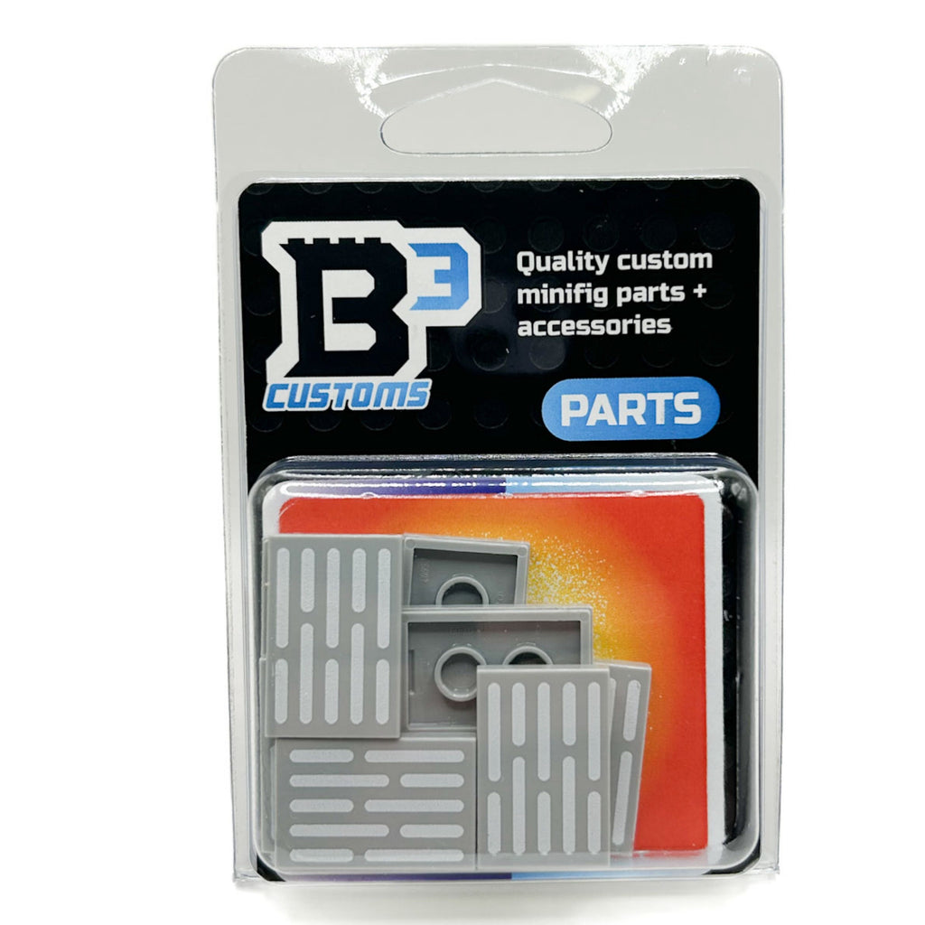 Packaging of Light Panels Pack (Space, SW) made using LEGO parts - B3 Customs showing custom gray minifig parts with detailed panel designs and a colorful space-themed background.