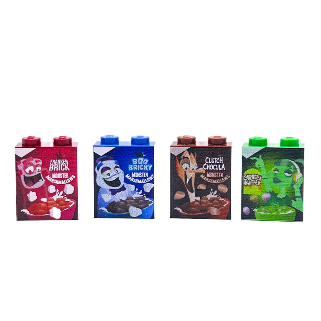 Four custom printed LEGO bricks designed as Halloween cereal boxes with colorful monster characters, part of the Monster Cereal Collection (Set of 4) - Custom Exclusive Halloween Edition by B3 Customs.