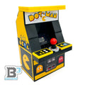 GIANT! Dot-Man Arcade Machine made using LEGO parts - B3 Customs features a bright yellow and black miniature arcade cabinet with detailed Dot-Man and ghost character designs, crafted by B3 Customs.