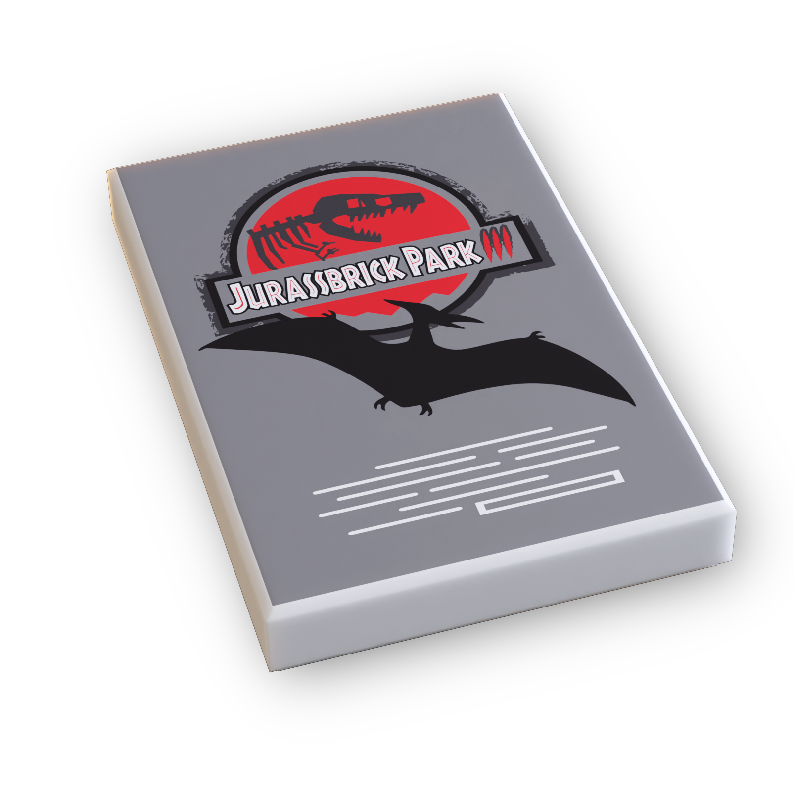 A tile featuring the Jurassbrick Park 3 Movie Cover (2x3 Tile) with a red dinosaur skull logo and a black silhouette of a flying pterosaur on a gray background.