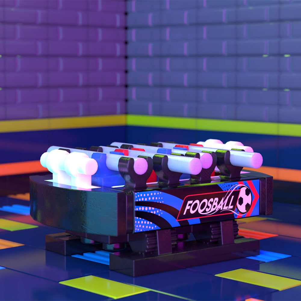 A detailed miniature Foosball Table B3 Customs Arcade Building made using LEGO parts, showcasing colorful player rods and a vibrant arcade-themed base, crafted by B3 Customs.