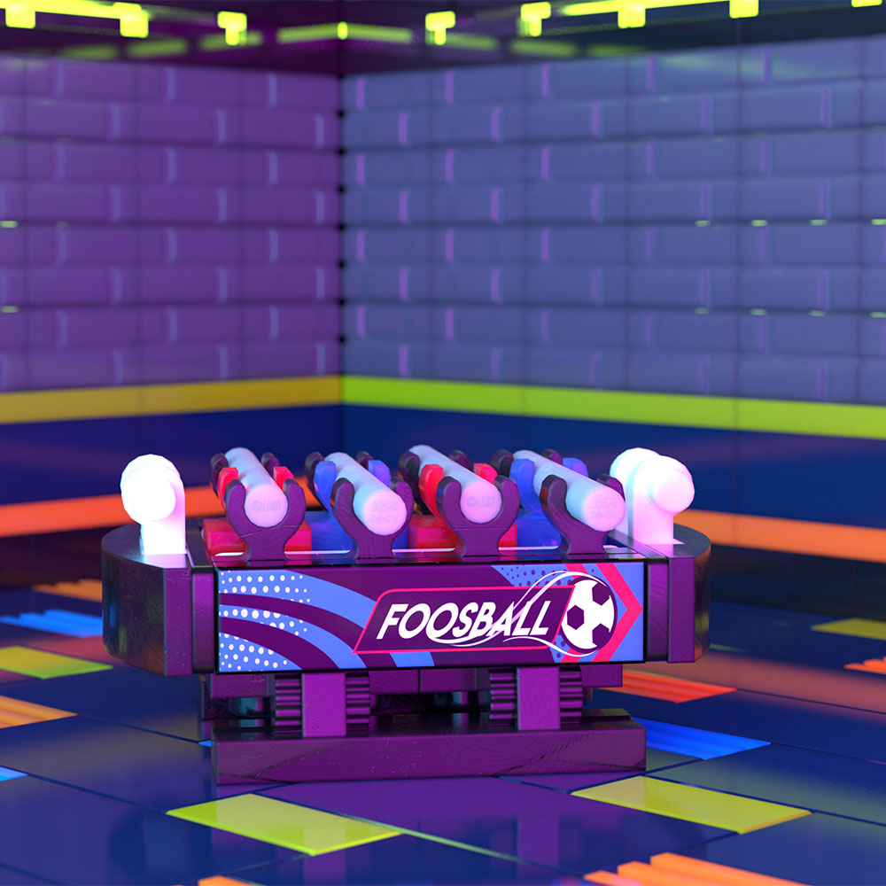 A vibrant LEGO foosball table model with colorful player rods on a tiled arcade-style floor, showcasing the Foosball Table B3 Customs Arcade Building made using LEGO parts by B3 Customs.