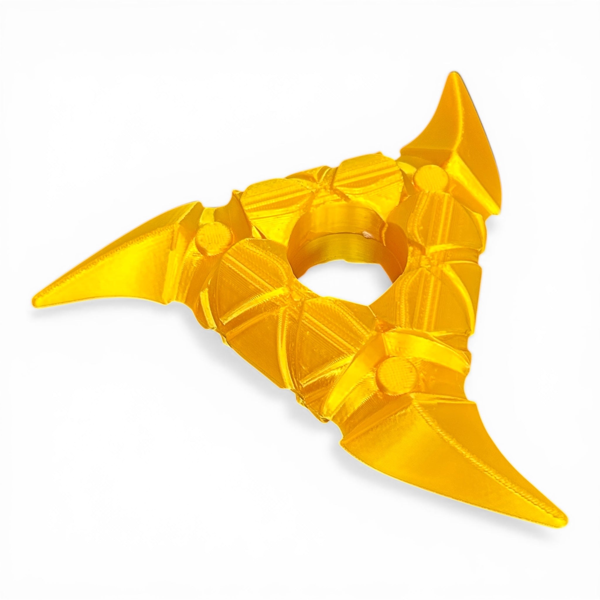 Bright gold 3D printed Life-Size Shuriken Throwing Star / Cosplay piece by B3 Customs, featuring a detailed, sharp-edged design inspired by classic ninja stars.