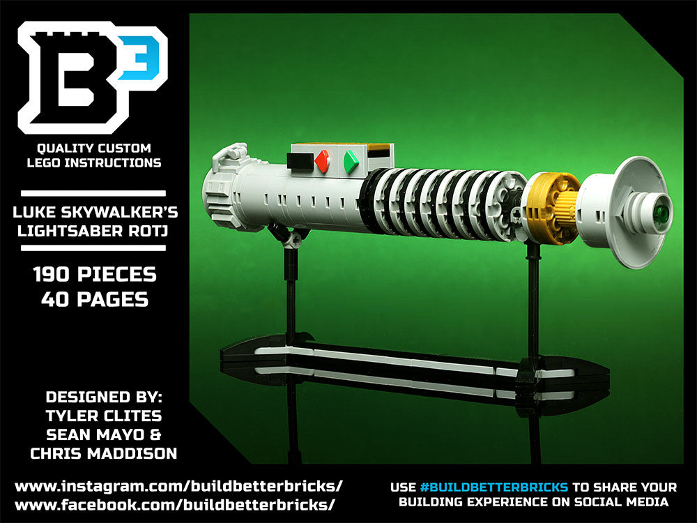 Luke Skywalker ROTJ Lightsaber w/ Stand - Custom MOC made with LEGO bricks by B3 Customs, showcasing a detailed brick model with 190 pieces on a black display stand.
