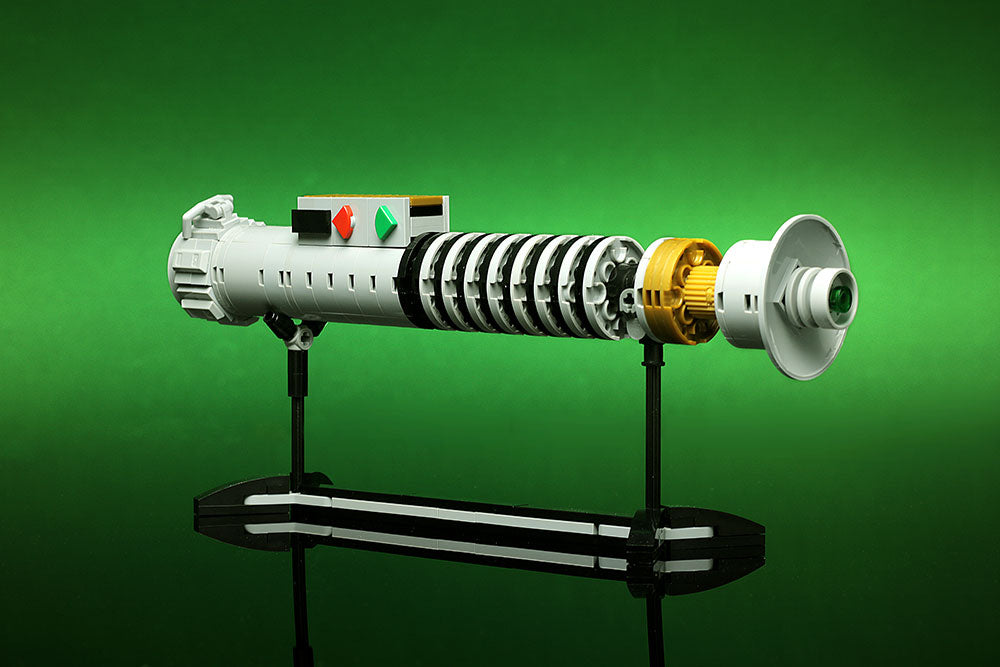 Luke Skywalker ROTJ Lightsaber w/ Stand - Custom MOC made with LEGO bricks by B3 Customs, showcasing detailed brick MOC craftsmanship on a sleek black display stand.
