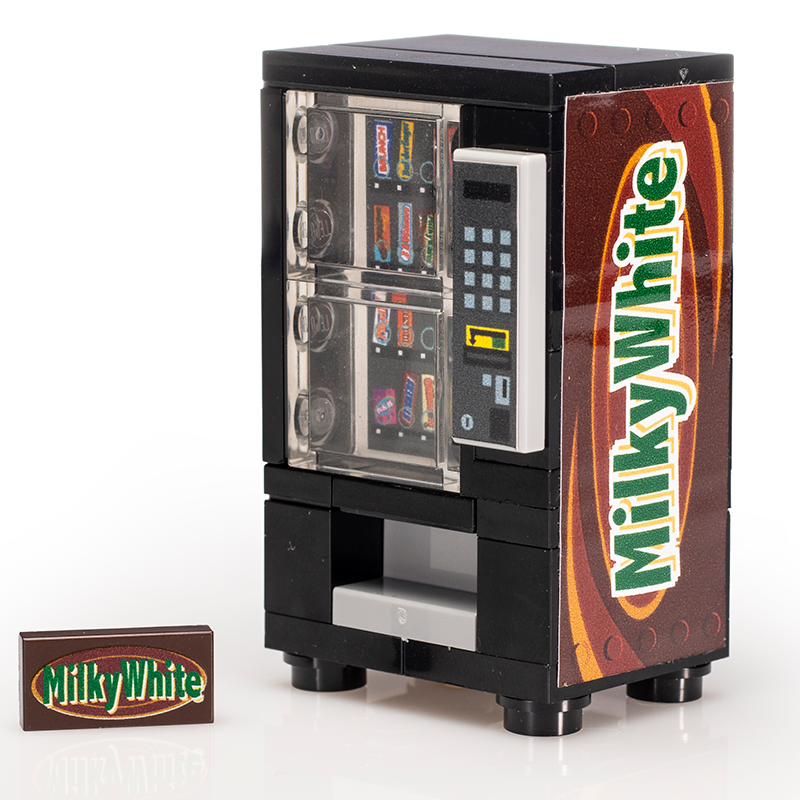A detailed LEGO vending machine model with a custom "Milky White" printed tile, part of the Milky White - B3 Customs® Candy Vending Machine set by B3 Customs.